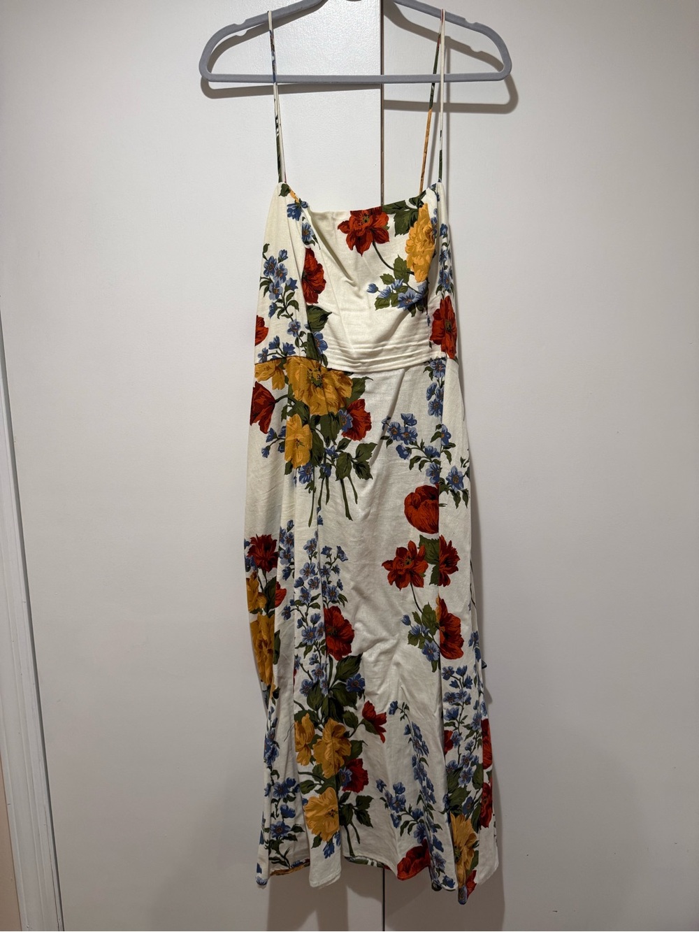 Spaghetti-Strap Cream Midi Dress with Red & Yellow Floral Print